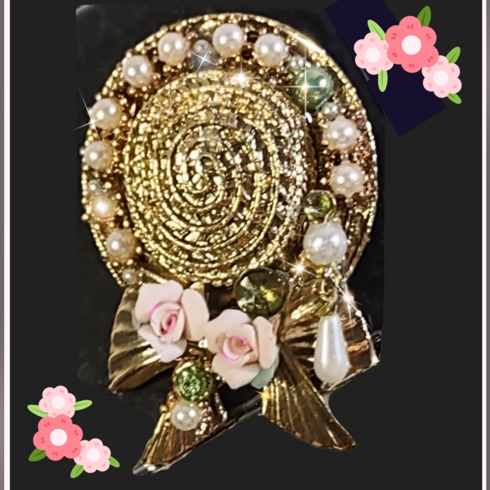 1928 Gold Sunhat Porcelain Flowers & Pearls Brooch